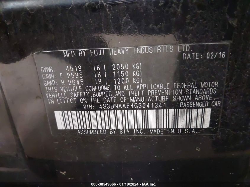 2016 SUBARU LEGACY 2.5I LIMITED - 4S3BNAN64G3041341