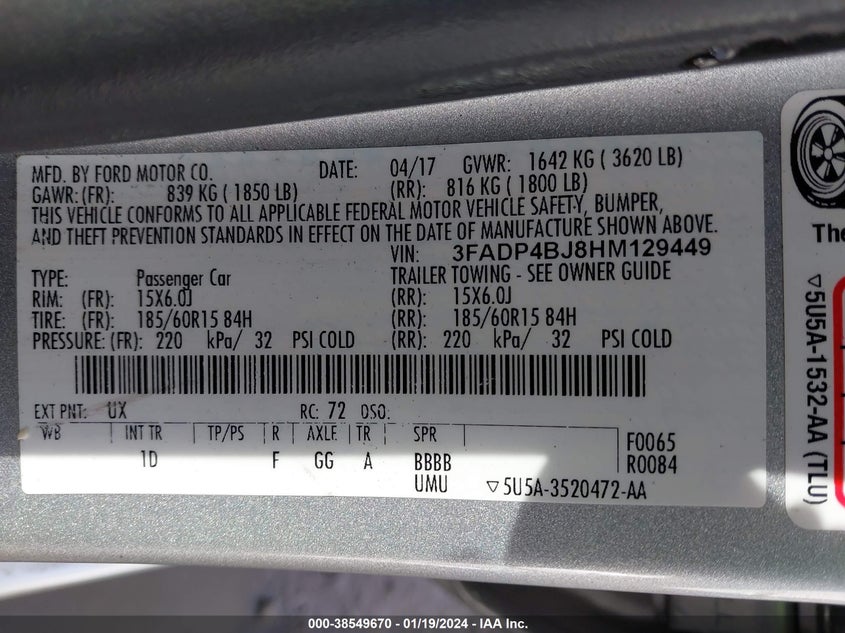 VIN 3FADP4BJ8HM129449 2017 FORD FIESTA SE