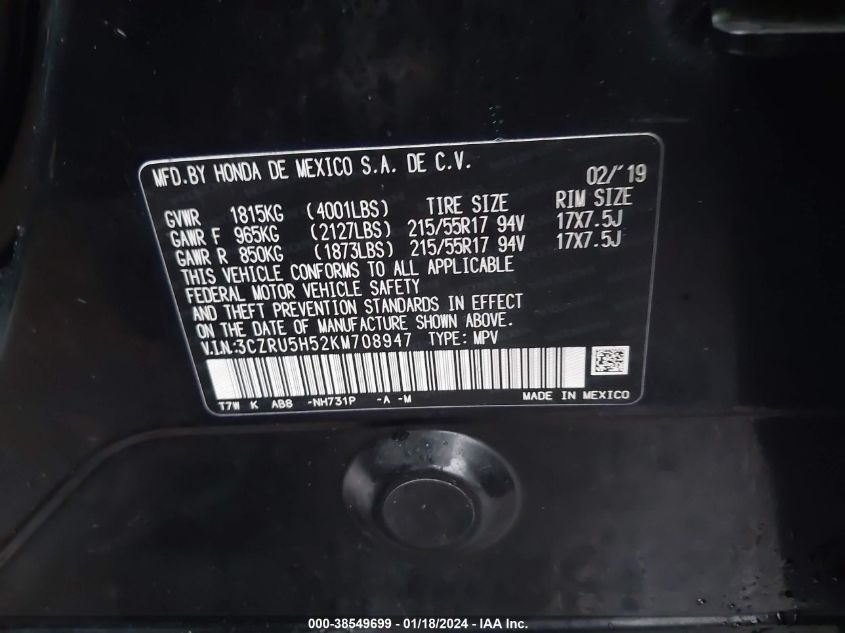 2019 HONDA HR-V EX - 3CZRU5H52KM708947