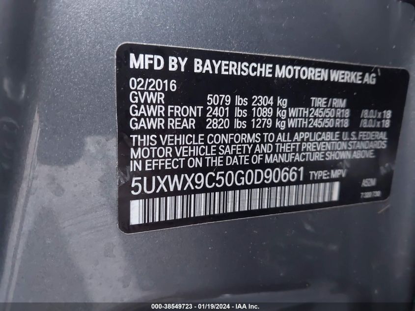 2016 BMW X3 XDRIVE28I - 5UXWX9C50G0D90661