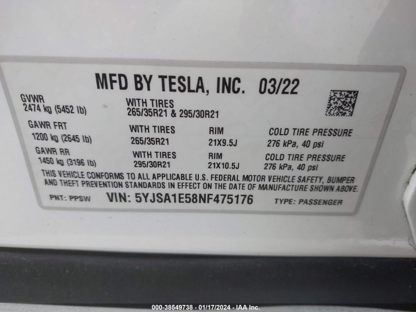 2022 TESLA MODEL S DUAL MOTOR ALL-WHEEL DRIVE - 5YJSA1E58NF475176