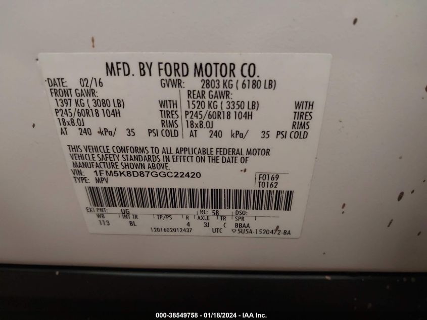 2016 FORD EXPLORER XLT - 1FM5K8D87GGC22420