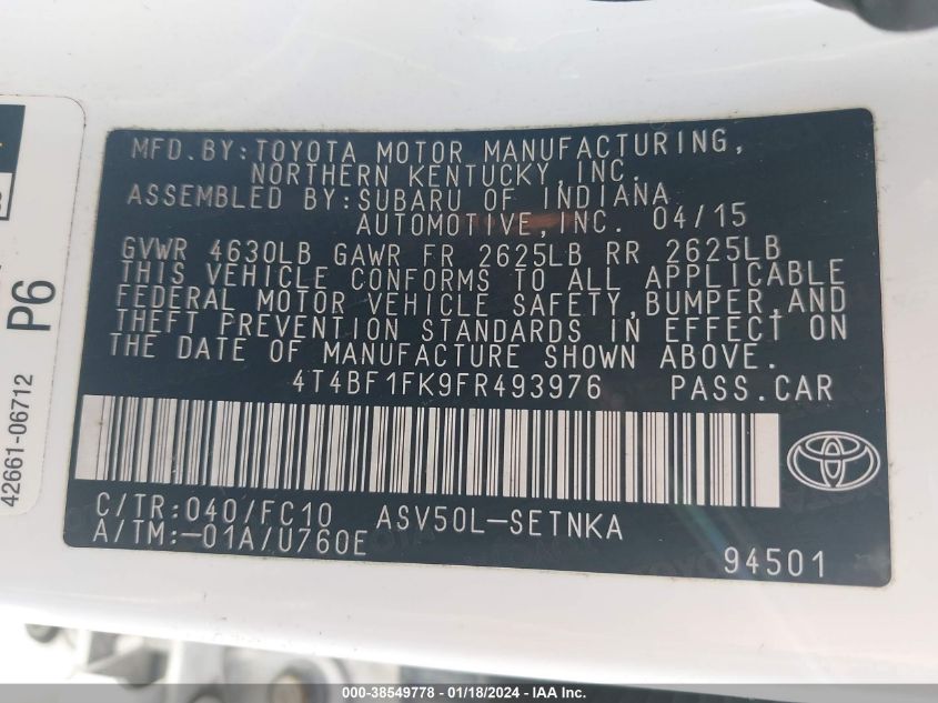 2015 TOYOTA CAMRY LE - 4T4BF1FK9FR493976