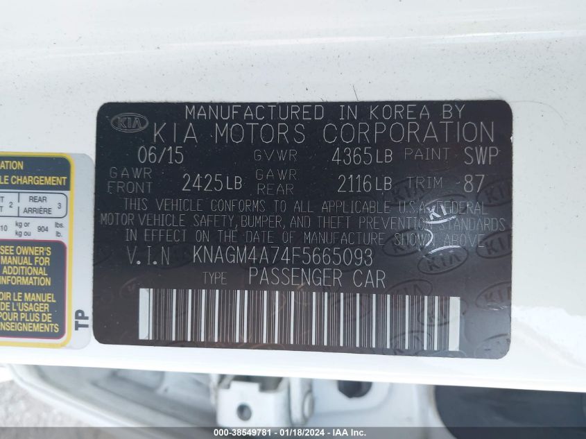 2015 KIA OPTIMA LX - KNAGM4A74F5665093
