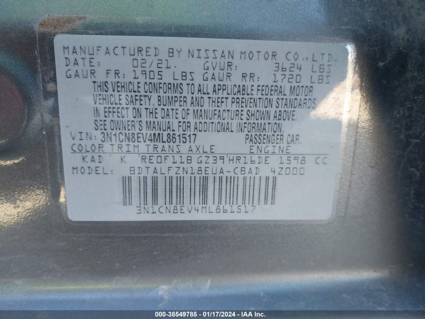 2021 NISSAN VERSA SV - 3N1CN8EV4ML861517
