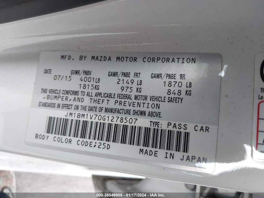 2016 MAZDA MAZDA3 I TOURING - JM1BM1V70G1278507