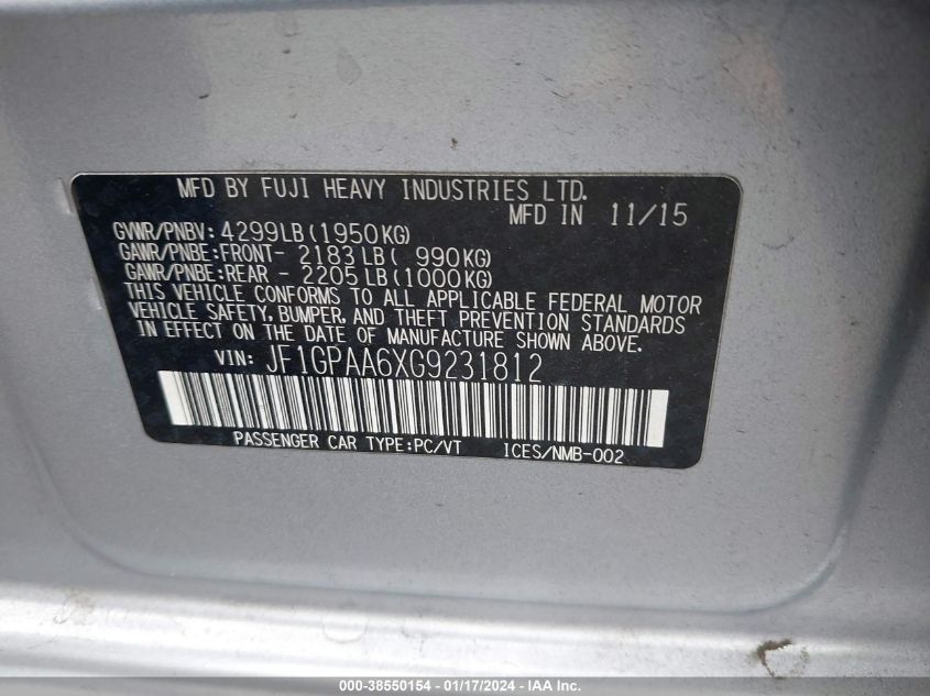 2016 SUBARU IMPREZA - JF1GPAA6XG9231812
