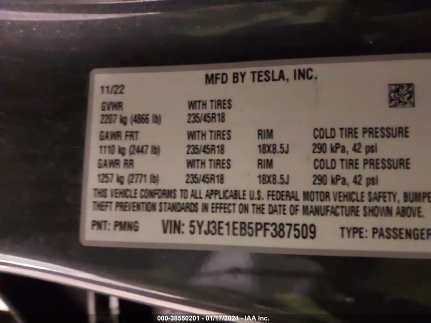 2023 TESLA MODEL 3 LONG RANGE DUAL MOTOR ALL-WHEEL DRIVE - 5YJ3E1EB5PF387509