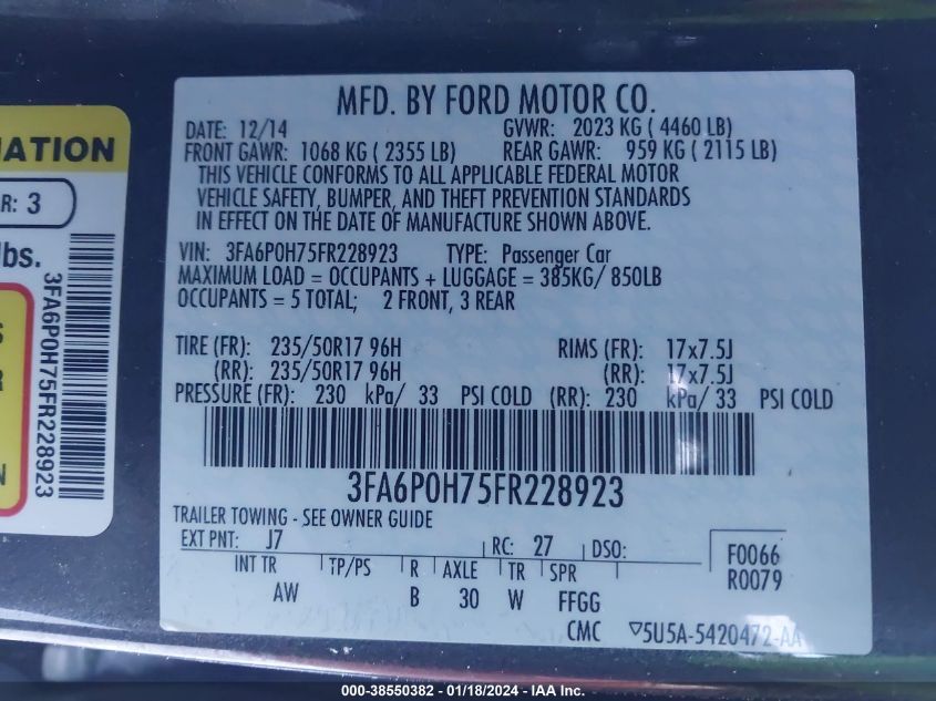 2015 FORD FUSION SE - 3FA6P0H75FR228923