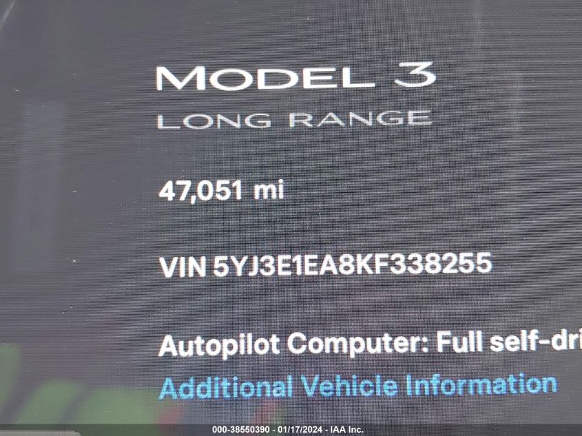 2019 TESLA MODEL 3 LONG RANGE/MID RANGE/STANDARD RANGE/STANDARD RANGE PLUS - 5YJ3E1EA8KF338255