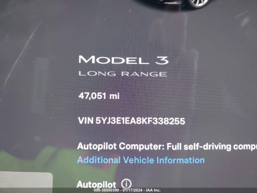 2019 TESLA MODEL 3 LONG RANGE/MID RANGE/STANDARD RANGE/STANDARD RANGE PLUS - 5YJ3E1EA8KF338255