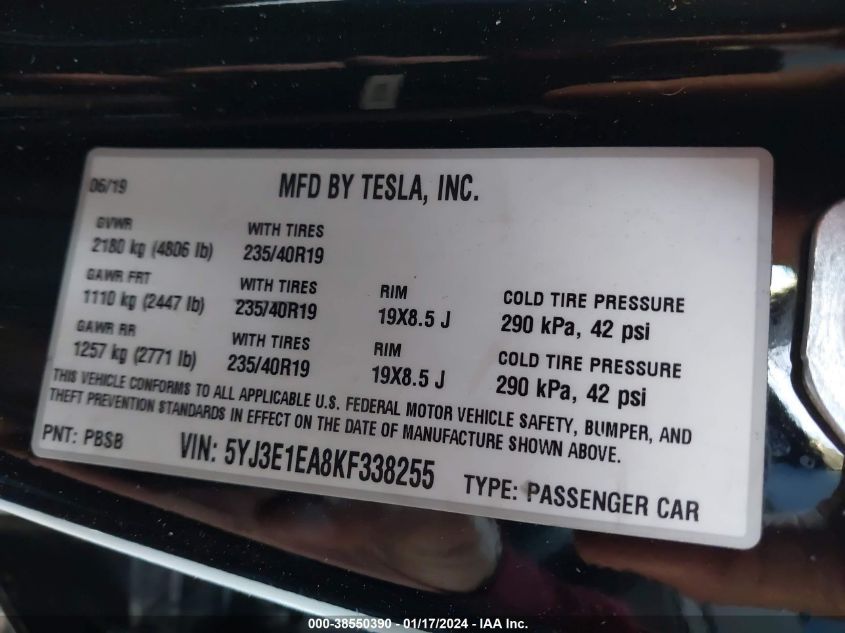 2019 TESLA MODEL 3 LONG RANGE/MID RANGE/STANDARD RANGE/STANDARD RANGE PLUS - 5YJ3E1EA8KF338255