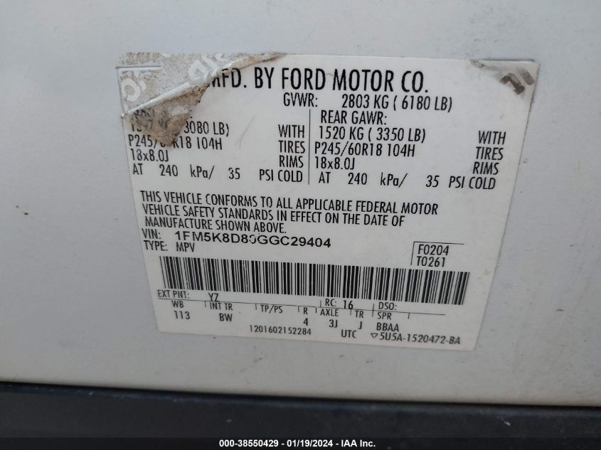 2016 FORD EXPLORER XLT - 1FM5K8D80GGC29404