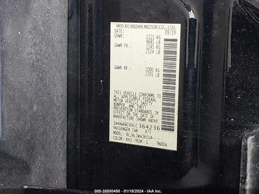 2020 NISSAN MAXIMA SV - 1N4AA6CVXLC364236