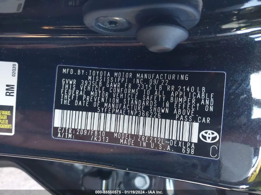 2022 TOYOTA COROLLA LE - 5YFEPMAE1NP366226