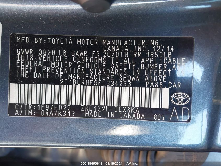 2015 TOYOTA COROLLA L/LE/LE PLS/PRM/S/S PLS - 2T1BURHE9FC334253