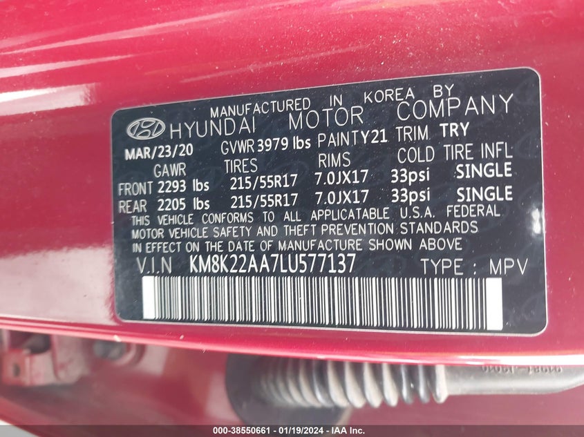 VIN KM8K22AA7LU577137 2020 HYUNDAI KONA SEL