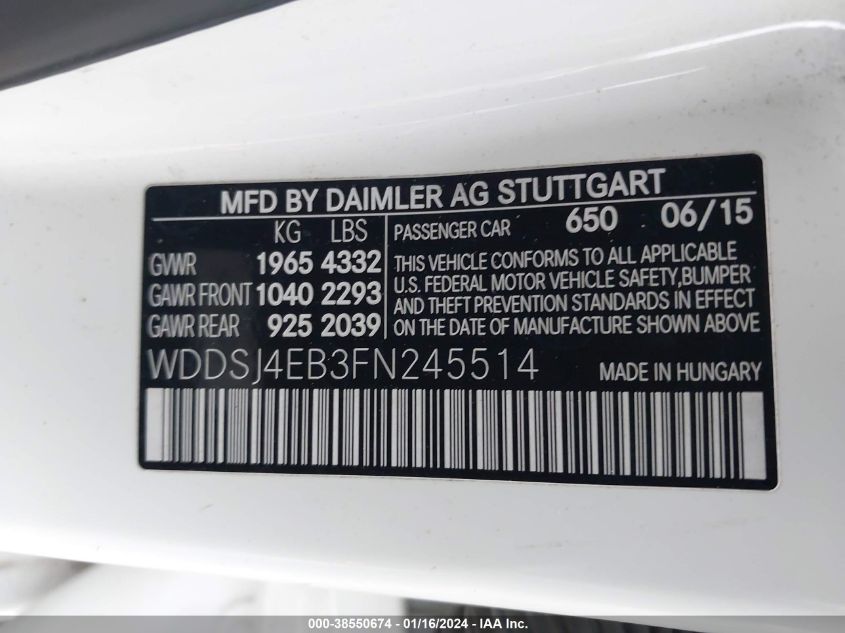 2015 MERCEDES-BENZ CLA 250 WDDSJ4EB3FN245514