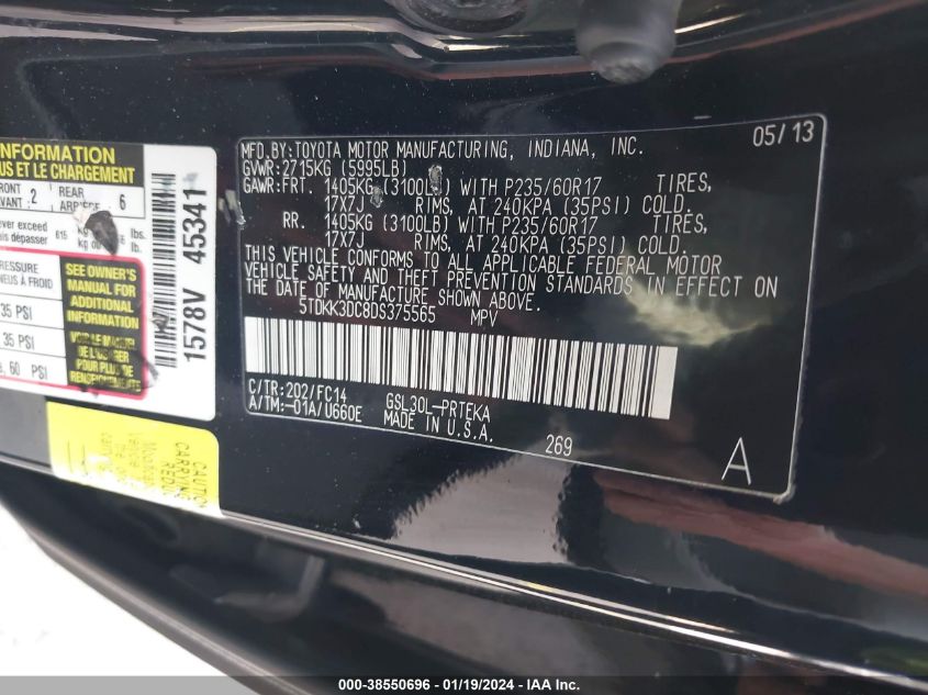 2013 TOYOTA SIENNA LE V6 8 PASSENGER - 5TDKK3DC8DS375565