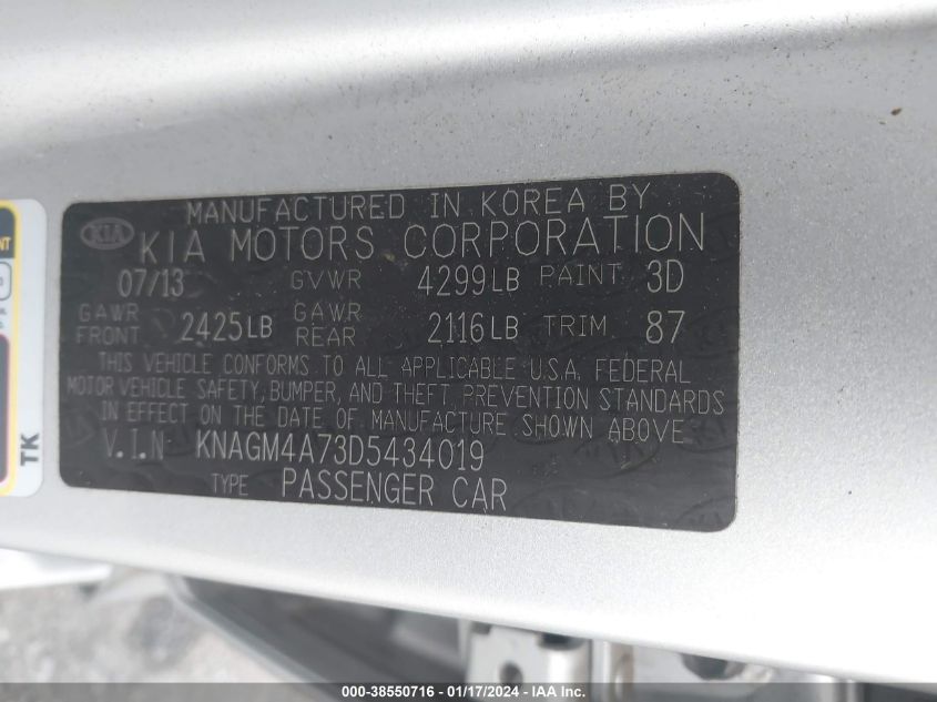 2013 KIA OPTIMA LX - KNAGM4A73D5434019