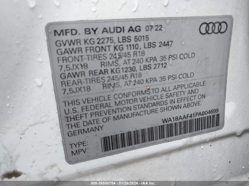 2023 AUDI A4 ALLROAD PREMIUM PLUS 45 TFSI QUATTRO S TRONIC WA18AAF41PA004699