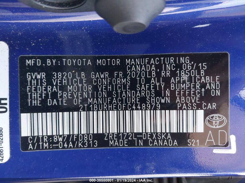 2015 TOYOTA COROLLA S PLUS - 2T1BURHE0FC448979