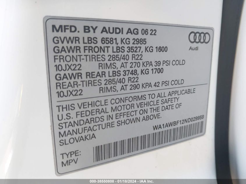 2022 AUDI SQ8 PREMIUM PLUS TFSI QUATTRO TIPTRONIC - WA1AWBF12ND029959