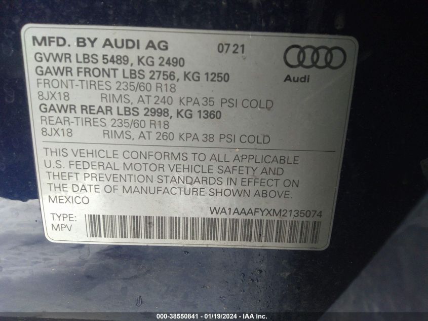2021 AUDI Q5 PREMIUM 45 TFSI QUATTRO S TRONIC - WA1AAAFYXM2135074