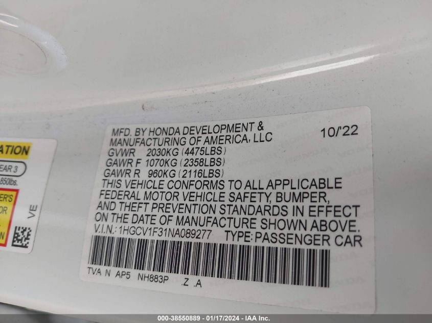 2022 HONDA ACCORD SPORT - 1HGCV1F31NA089277