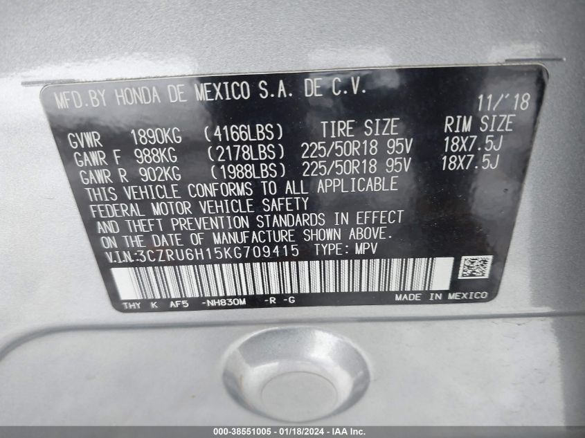 2019 HONDA HR-V SPORT - 3CZRU6H15KG709415