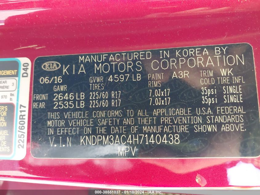 2017 KIA SPORTAGE LX - KNDPM3AC4H7140438