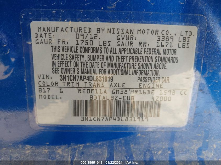2013 NISSAN VERSA 1.6 SV - 3N1CN7AP4DL831919
