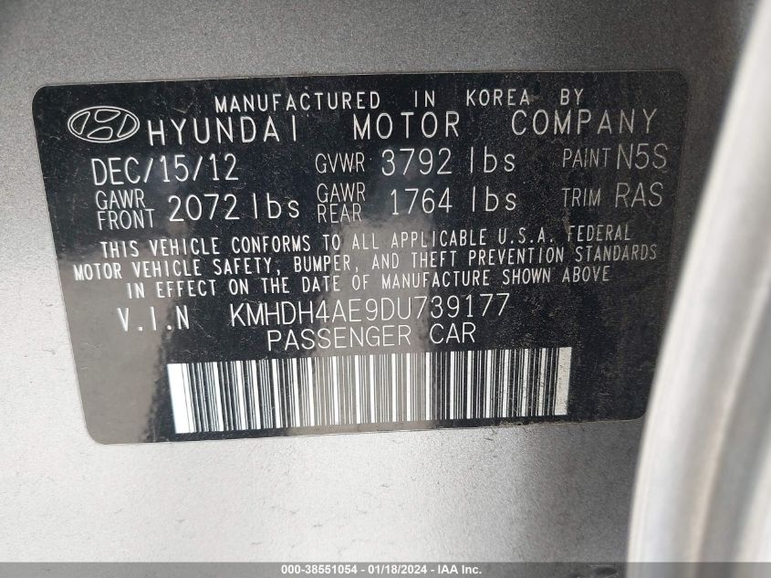 2013 HYUNDAI ELANTRA GLS (ULSAN PLANT) - KMHDH4AE9DU739177