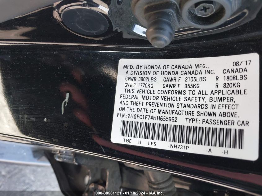 2017 HONDA CIVIC EXL - 2HGFC1F74HH655962