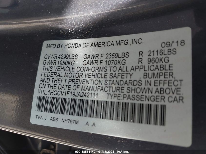 2018 HONDA ACCORD LX - 1HGCV1F19JA242111