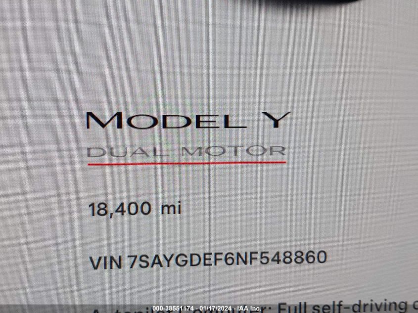2022 TESLA MODEL Y - 7SAYGDEF6NF548860