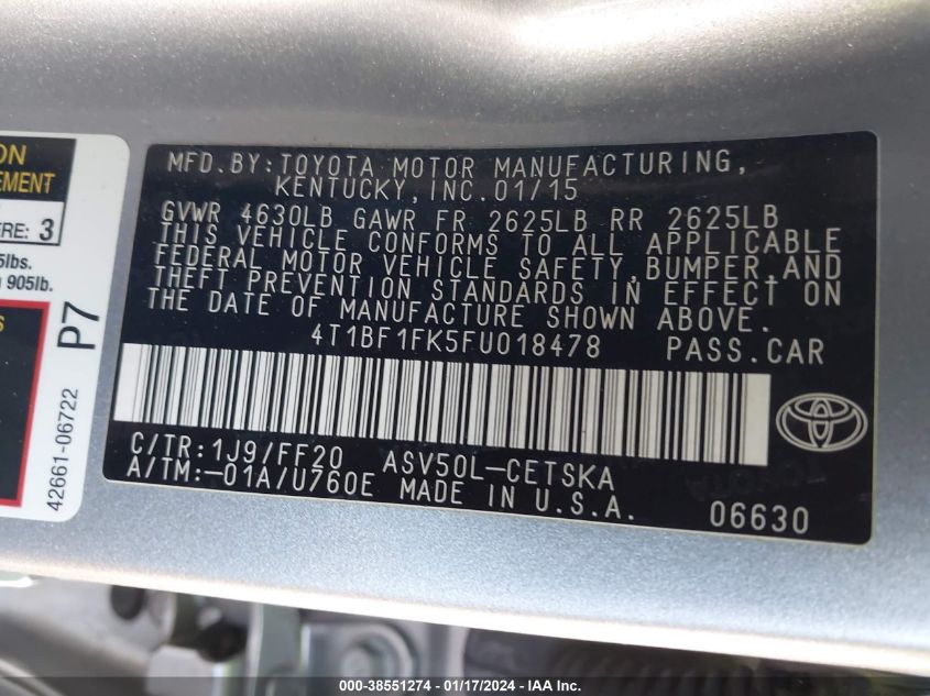 2015 TOYOTA CAMRY SE - 4T1BF1FK5FU018478