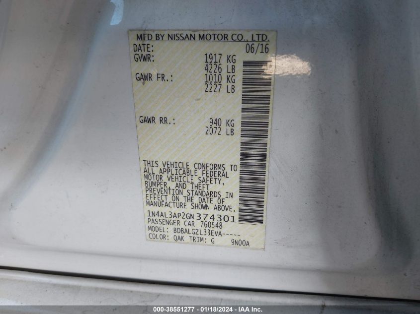 2016 NISSAN ALTIMA 2.5/S/SV/SL/SR - 1N4AL3AP2GN374301