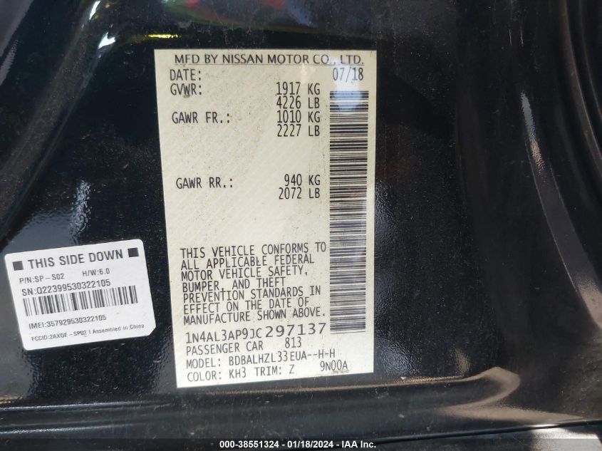VIN 1N4AL3AP9JC297137 2018 NISSAN ALTIMA 2.5/S/SV/SL/SR