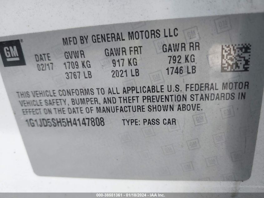 2017 CHEVROLET SONIC LT - 1G1JD5SH5H4147808