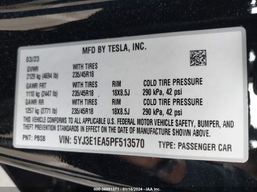 2023 TESLA MODEL 3 REAR-WHEEL DRIVE - 5YJ3E1EA5PF513570