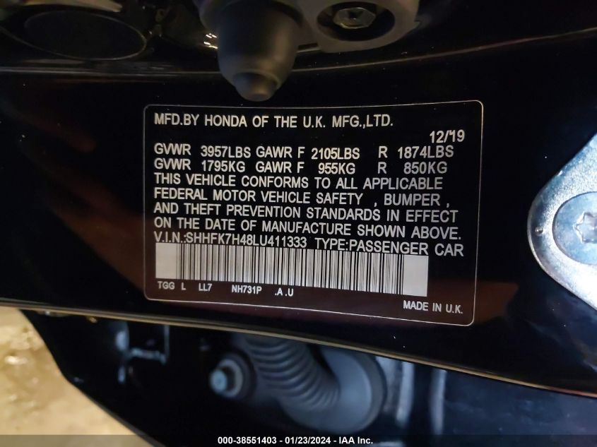 2020 HONDA CIVIC SPORT - SHHFK7H48LU411333