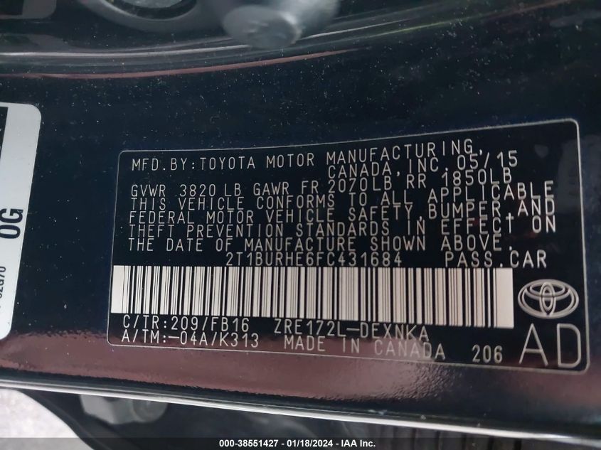 2015 TOYOTA COROLLA LE - 2T1BURHE6FC431684