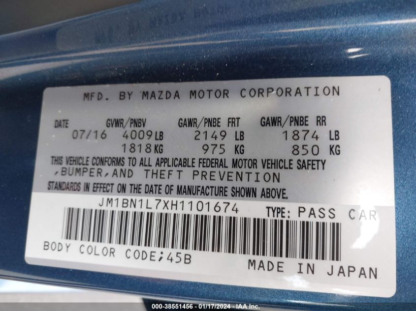 2017 MAZDA MAZDA3 TOURING - JM1BN1L7XH1101674