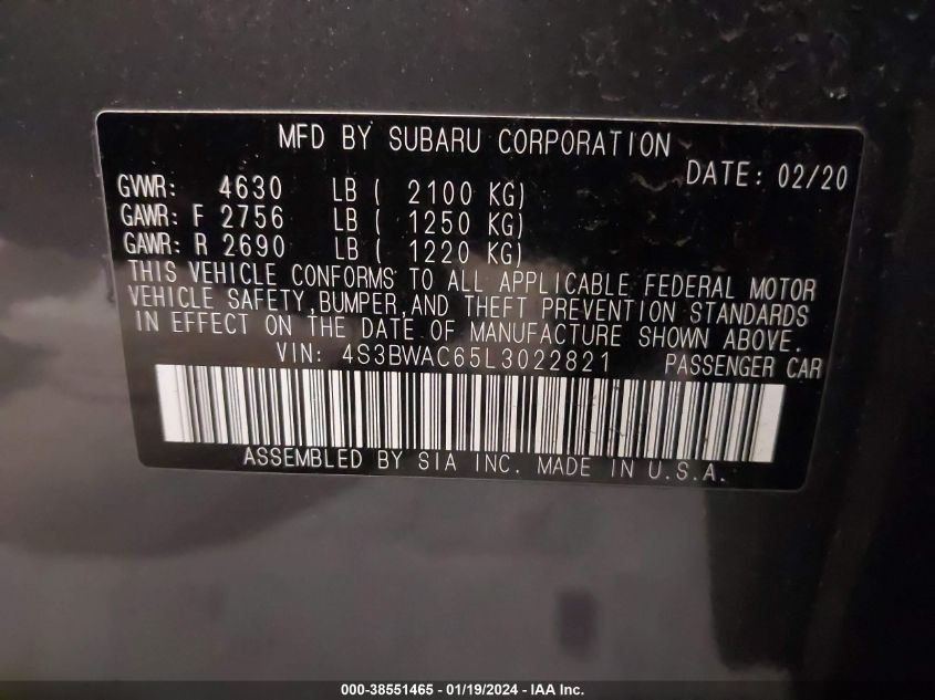 2020 SUBARU LEGACY PREMIUM - 4S3BWAC65L3022821