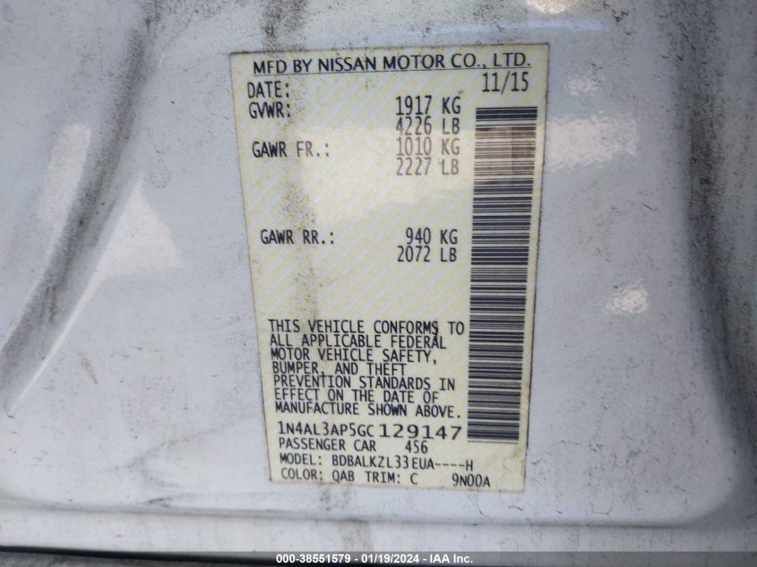 2016 NISSAN ALTIMA 2.5/S/SV/SL/SR - 1N4AL3AP5GC129147