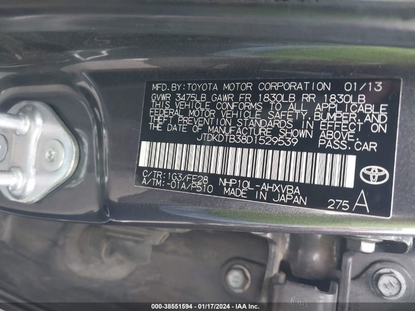 2013 TOYOTA PRIUS C ONE - JTDKDTB38D1529539