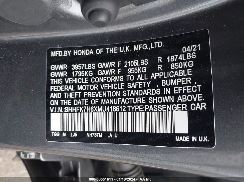 2021 HONDA CIVIC EX - SHHFK7H6XMU418612