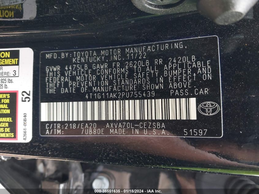 2023 TOYOTA CAMRY SE - 4T1G11AK2PU755439
