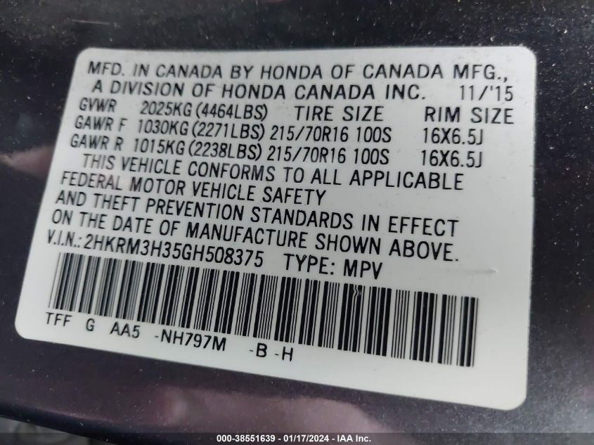 2016 HONDA CR-V LX - 2HKRM3H35GH508375